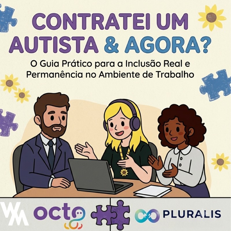 Imagem colorida em tom didático e acolhedor sobre fundo bege-claro. No centro, três profissionais estão reunidos ao redor de uma mesa de escritório em um momento de diálogo inclusivo.